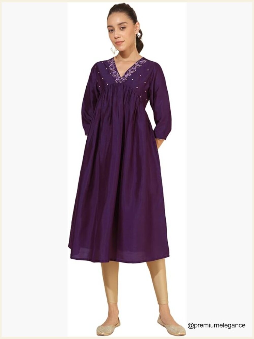 Silk Blend Embroidered A-Line Kurta, V-Neck, 3/4 Sleeve, Mid Waist
